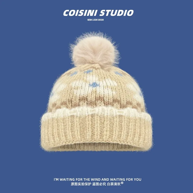 Fair Isle Snowflake Jacquard Pom Pom Beanies for Women Men Vintage Fuzzy Fluffy Knitted Hats Winter Warm Cuffed Skullcap