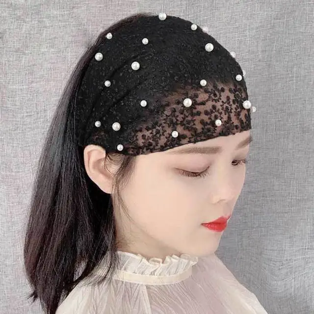 Damskie szerokie elastyczne opaski na głowę koronkowe perły kwiatowe bandany opaski do włosów koronkowy kwiat Headwrap Turban kobiece akcesoria do włosów