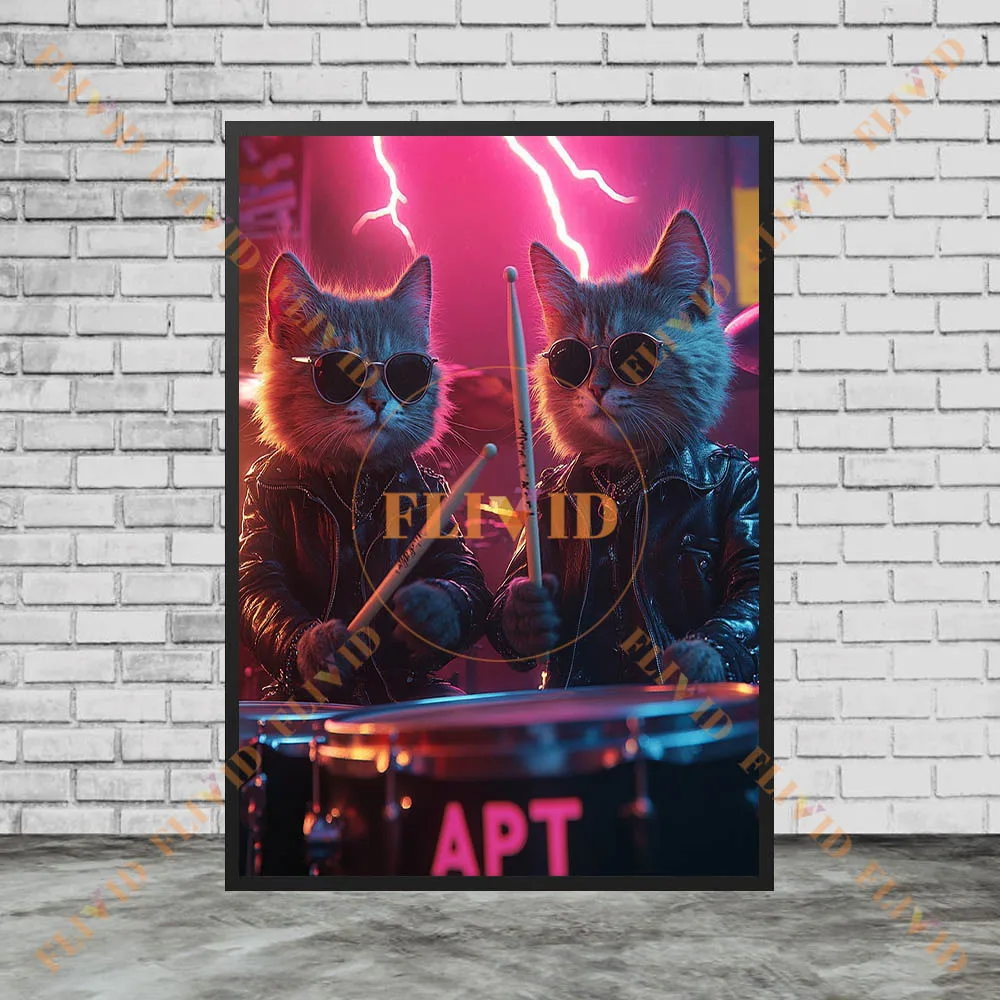Cool Cat Drum Band Canvas Wall Art Decor,Neon Stage Pet Poster Print Unframed,Unique Gift For Cat Lovers & Music Enthusiasts