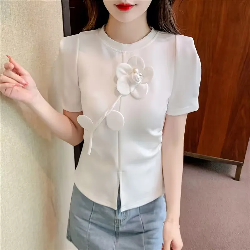 

Summer Three-dimensional Flower T-shirt 2025 Short Sleeve White Tops Elegant Ladies Casual Thin Comfortable Breathable Shirt