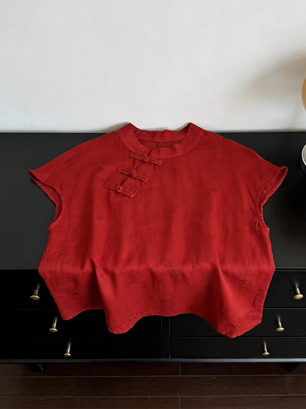 

Женская рубашка больших размеров в китайском стиле с красной вышивкой, летняя, скрывающая живот, стройнящая, из льна, с коротким рукавом, для делового повседневного образа