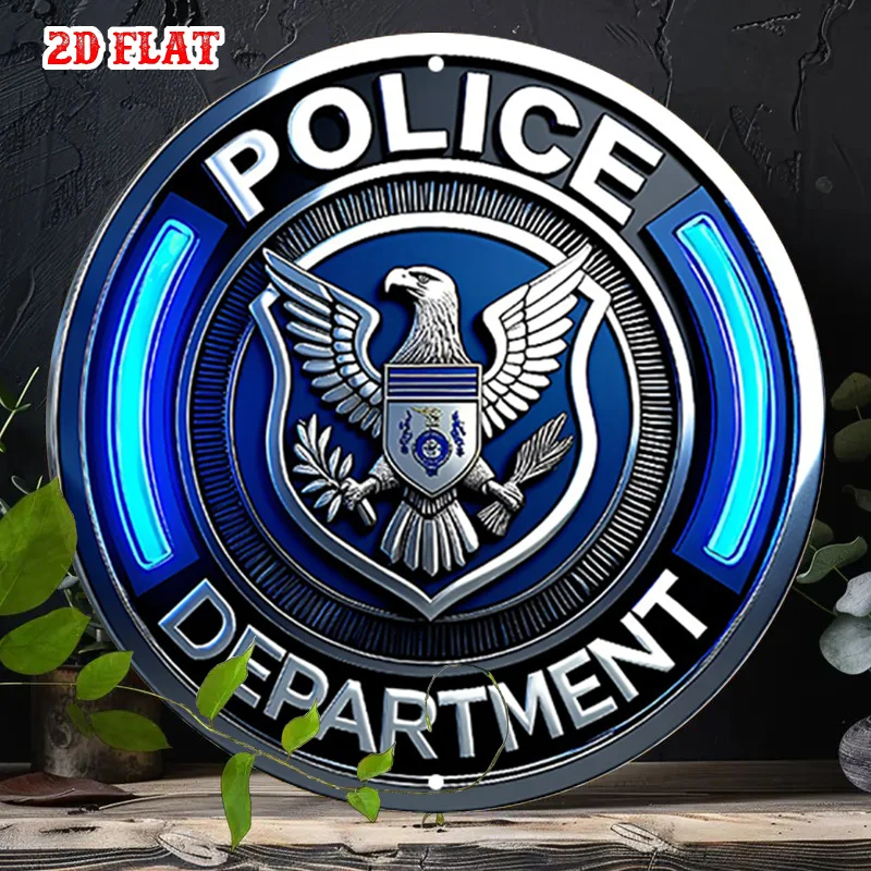 2D Flat - Vintage Police-Themed Round Metal Wall Decor - Shield-Shaped Aluminum Badge Featuring an Eagle Design, Suitable for Ru