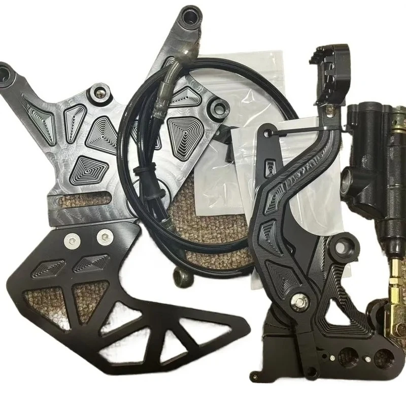 Reinforced CNC brake components for motorcycle modification, including left double caliper bracket and footrest