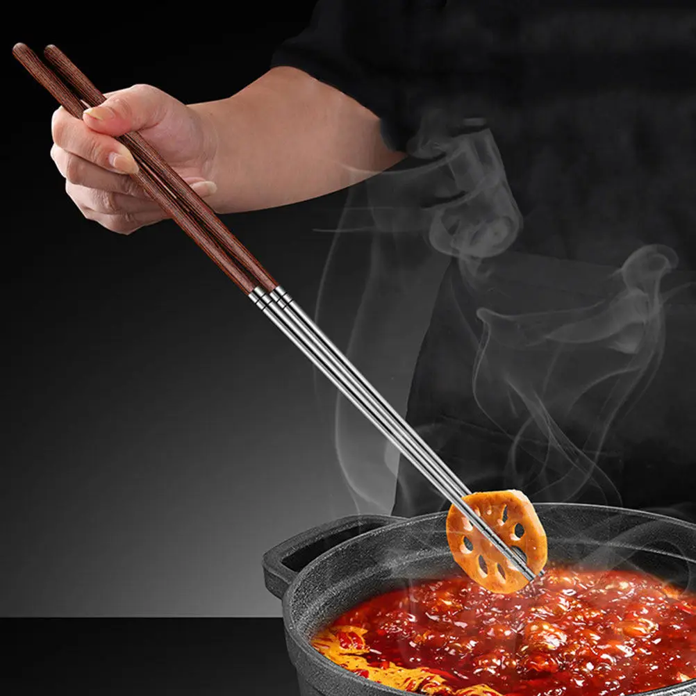 

2Pairs Chinese Long Chopsticks Hot Pot Cooking Chopsticks 304 Stainless Steel Wood Handle Non-Slip for Frying Noodles Japanese