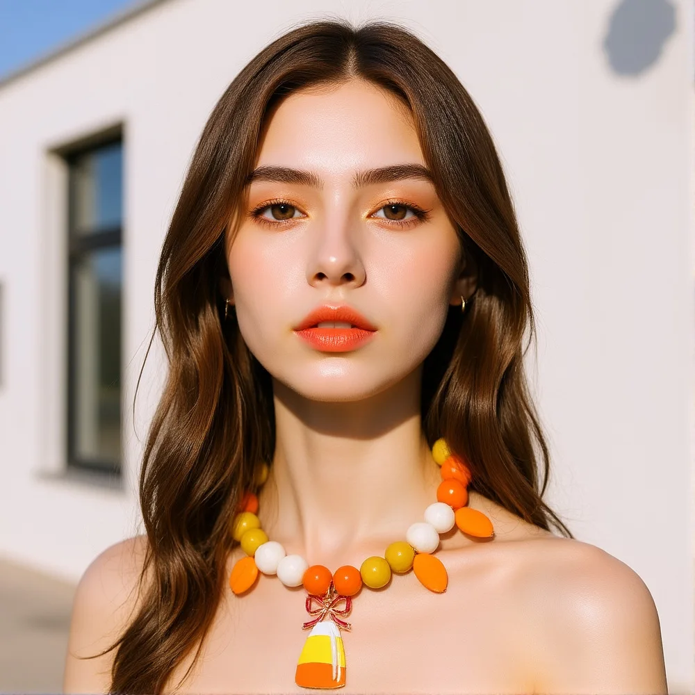 Halloween gradual change of color beaded oil corn pendant necklace cute CornCandy bead necklace