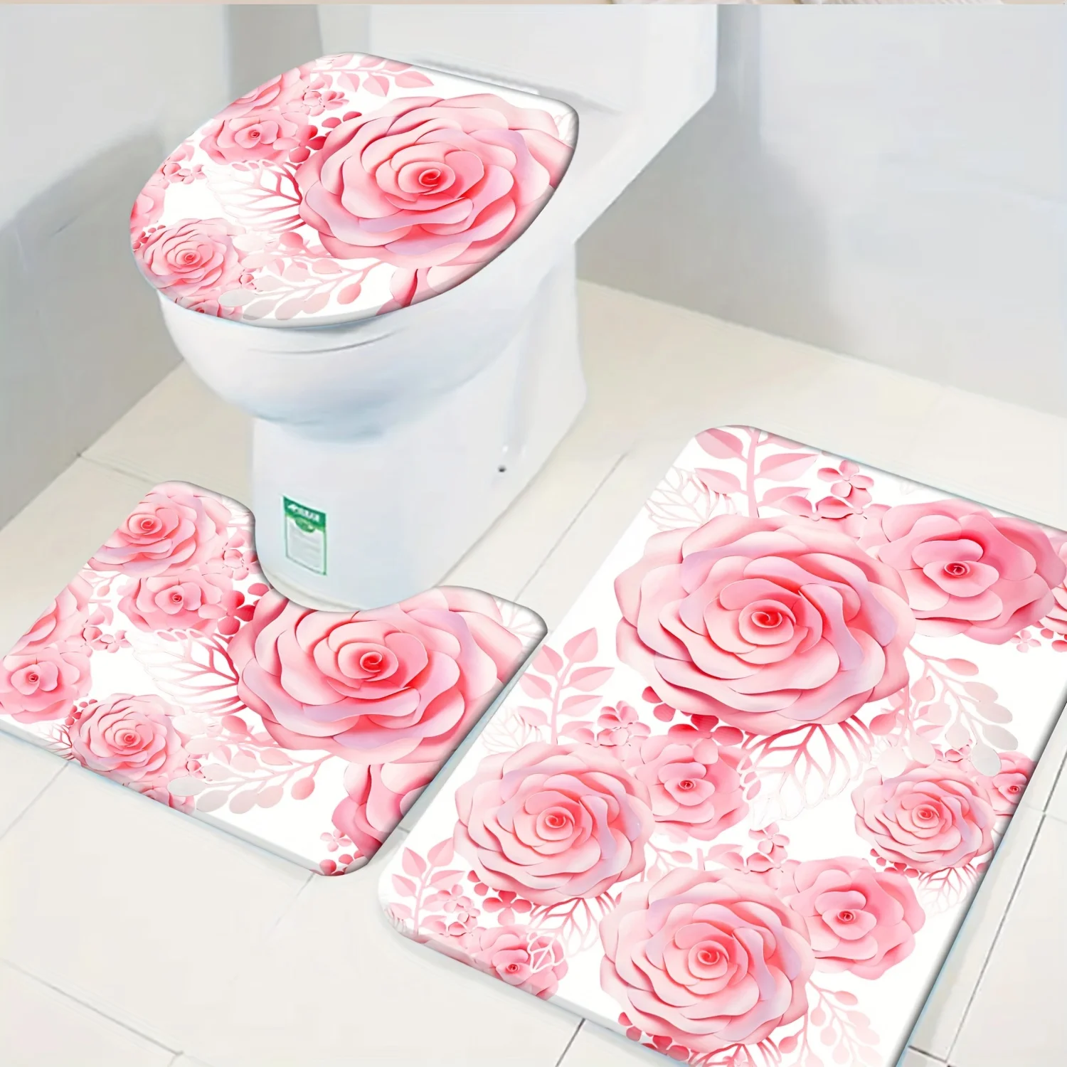 Valentine's Day Pink Rose Pattern Bathroom 3Pcs/set Mat Home Flannel Decoration Accessories Floor Rug Toilet Cover 40*60/50*80CM