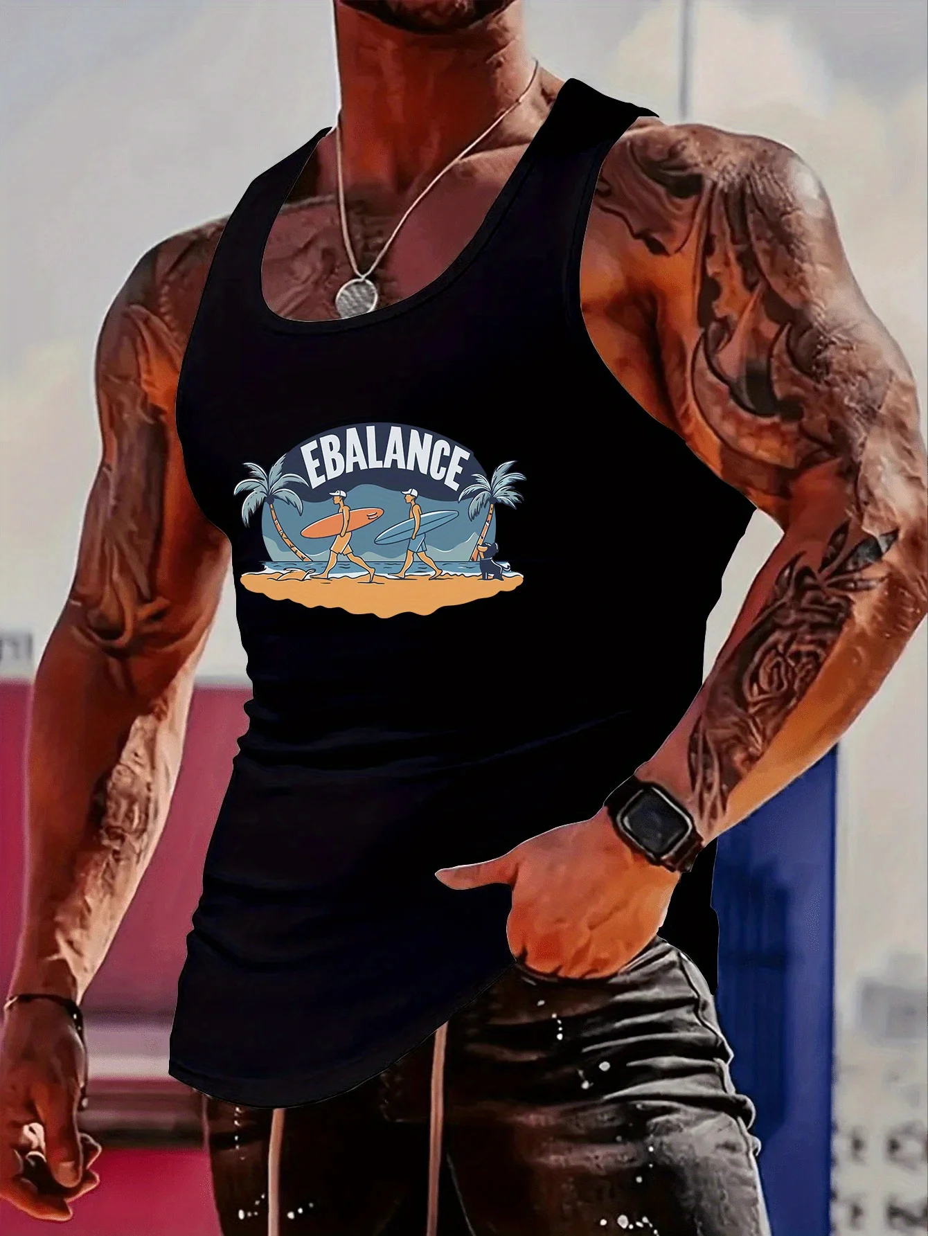 Fashionable trend muscular man, simple and creative beach surfing with coconut trees and skateboard. Printed t-shirt