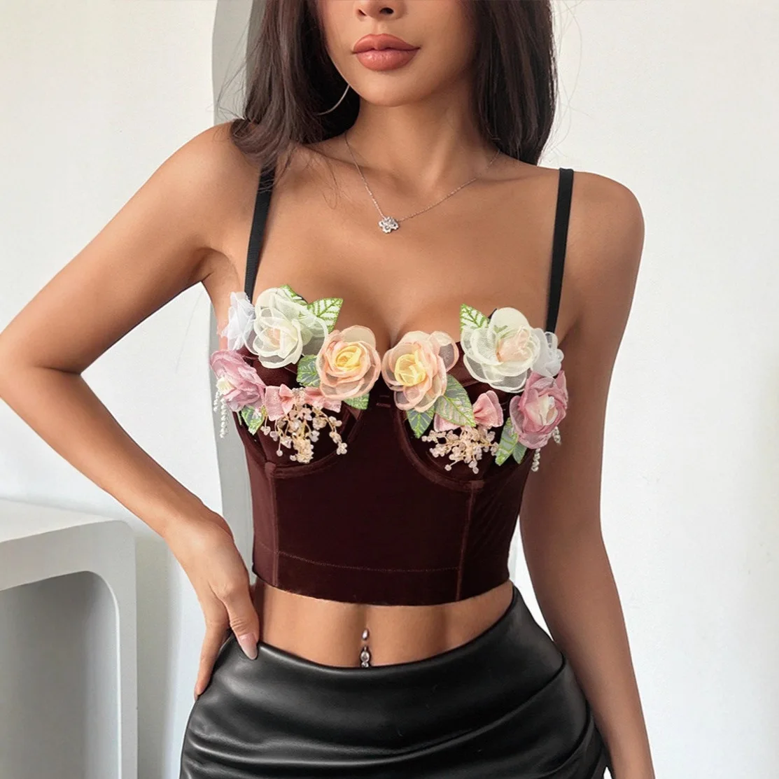

Популярный бархатный бюстгальтер-корсет ручной работы с цветочным узором, ретро-топ на бретельках, осенне-зимний топ-бандо, облегающий корсет-топ.