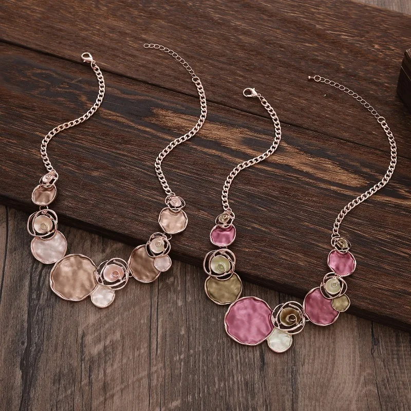 Bohemian Abstract Hammered Disc Pendant Rose Gold Tone Multicolor Enamel Necklace Adjustable Chain Jewelry Gift