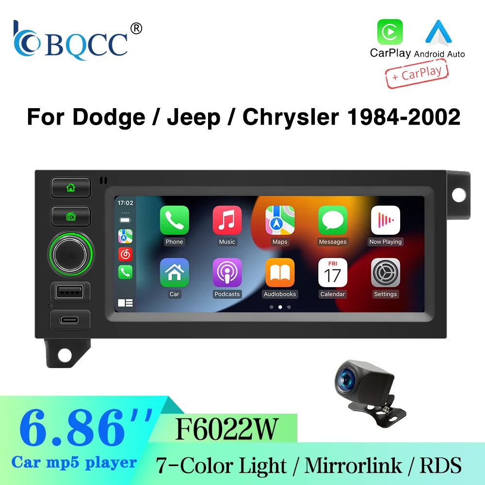 BQCC 6.86'' Car MP5 Player for Dodge Jeep Chrysler 1984-2002 Wireless CarPlay Android Auto RDS FM AM Car Stereo Radio