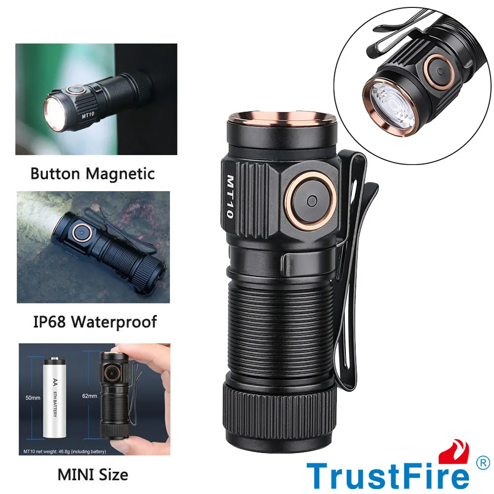 Trustfire MT10 Rechargeable LED EDC Flashlight 1000 Lumens Type USB C Charging Torch Mini 16340 Light MVB Optics with Magnet Lan