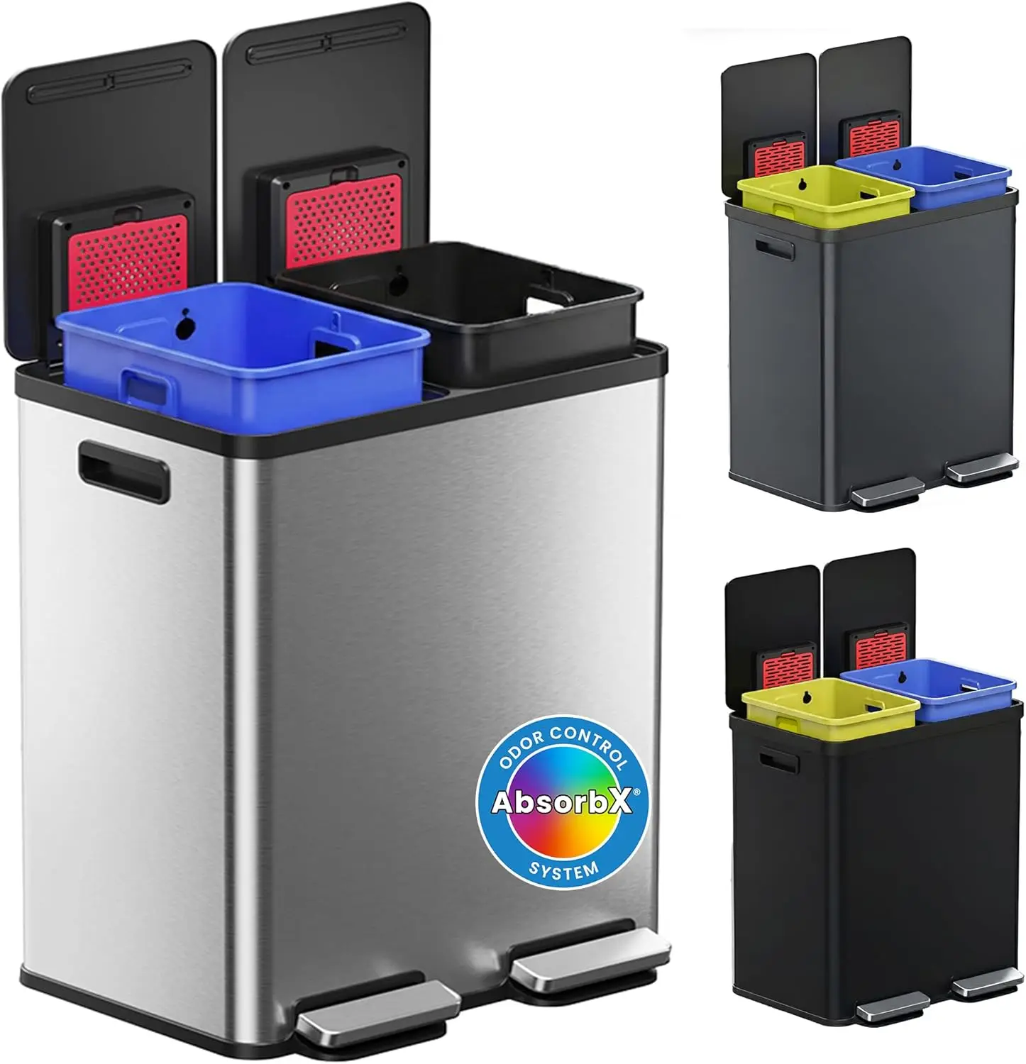 

16 Gallon Dual Trash Can & Recycle Bin | 2x8 Gal Inner Buckets | Fits Standard Bags (No Custom Liners) | Includes 2