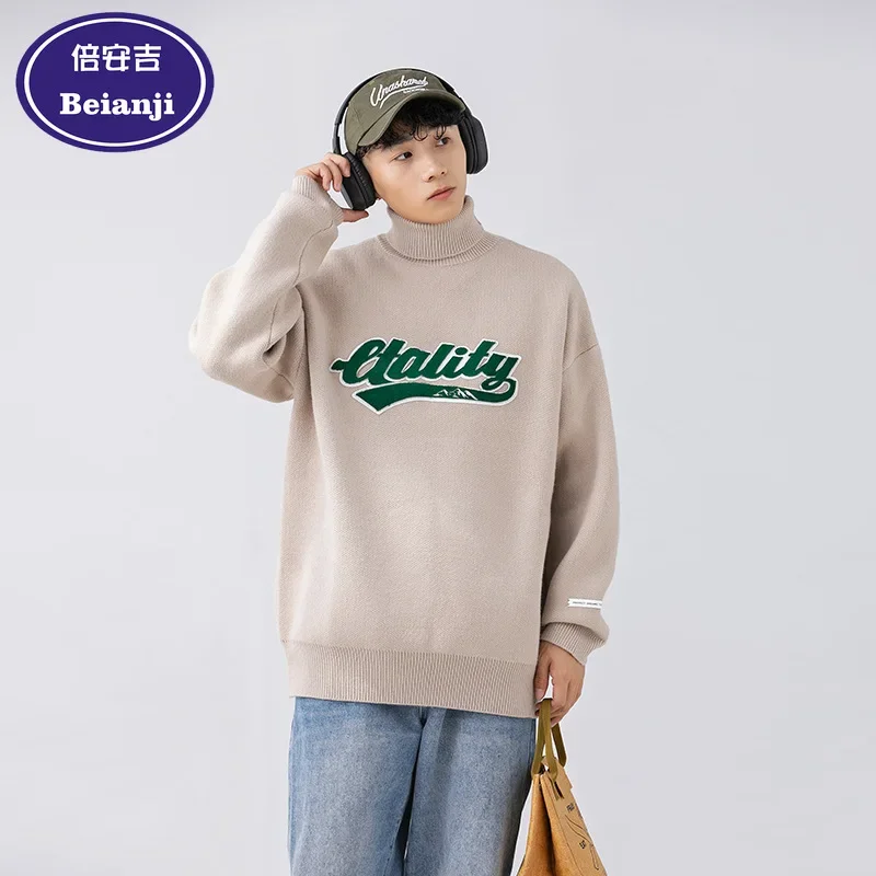 New Men's Fashion Winter Towel embroidery Knitted Sweater Warm Thick Half Turtleneck Coat Loose Style Full Sleeve Daily Pullover