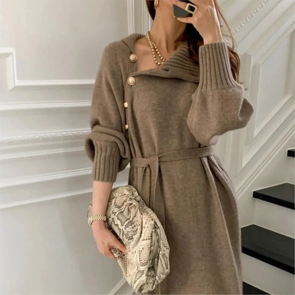 

Fashion Women's Lace-up Waist Knitted Dress 2025 Autumn Winter New Loose Slim Elegant Versatile High-neck Long Sweater Dresses