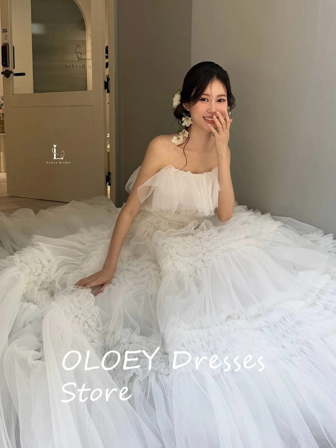 OLOEY Elegant White layered Tulle Wedding Dresses Korea Photo shoot Princess Bridal Gowns Corset Back Mariage Japan Customized