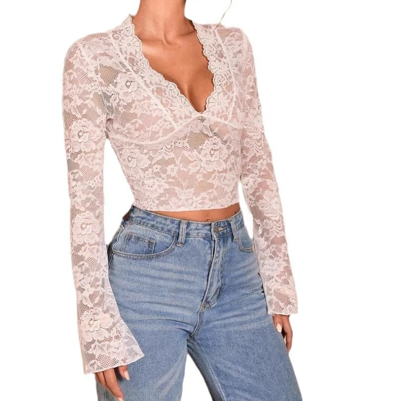 خريف 2025 بلوزة نسائية أنيقة بلون سادة مثيرة من الدانتيل الشفاف ورقبة على شكل حرف V وأكمام طويلة شفافة #5