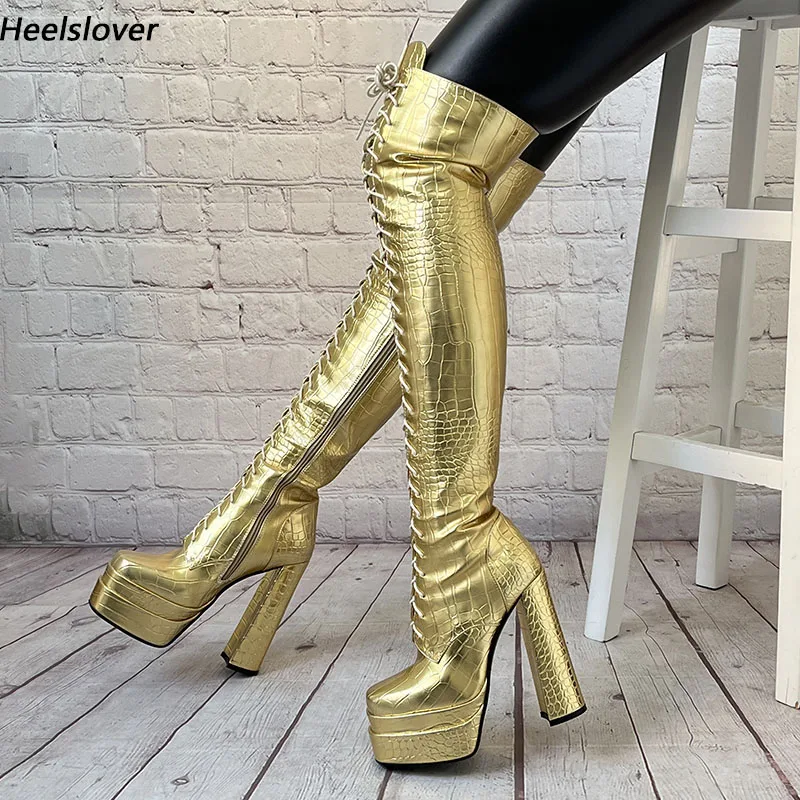 

Ahhlsion Women Handmade Winter Over Knee Boots Crocdille Chunky Heels Round Toe Gorgeous Gold Party Shoes Ladies US Size 3-10.5