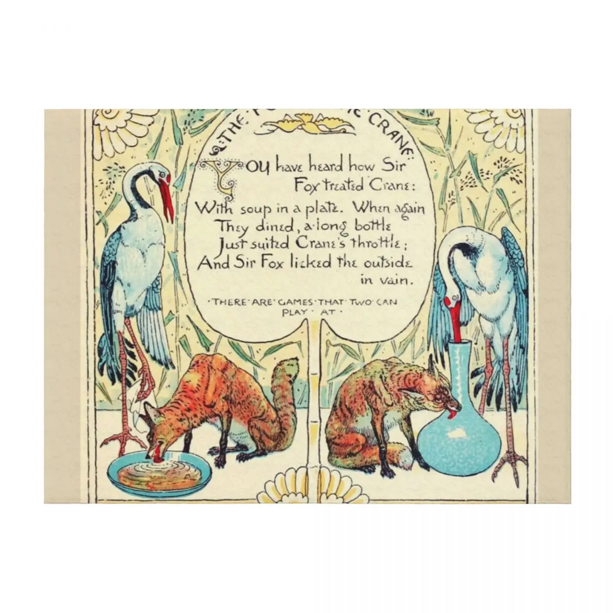 

RED FOX AND THE CRANE Art Nouveau Aesop Fables Throw Blanket for sofa Cute Nap Shaggy Blankets