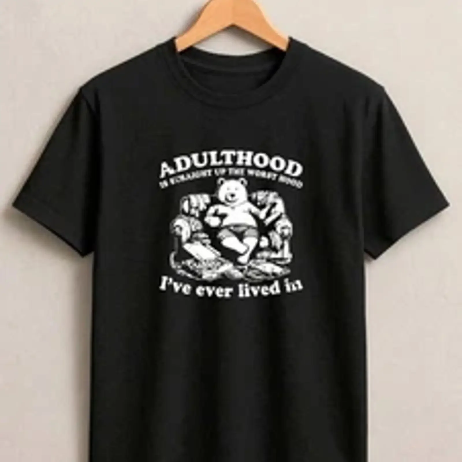 Adulthood is the worst hooded t shirt funny bear armchair graphic 90s gift tee vintage Washed fashion homme Breathable Casual