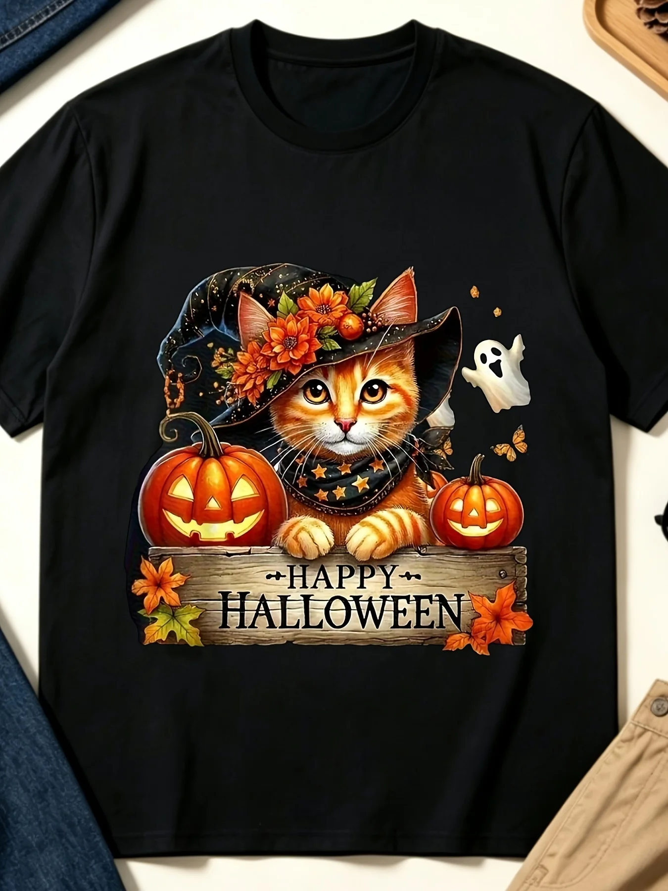 Women's T-shirt Witch Hat Cat Pumpkin Ghost Letter Print Crew Neck Short Sleeve Top Halloween Party Casual Fashion Women Clothes