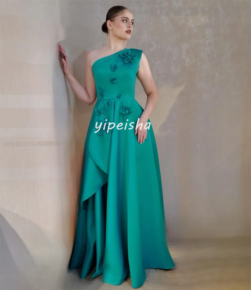 カスタマイズされたモダンなスタイルマッチングシャルムーズ手作りフラワープリーツ A ラインワンショルダーロングドレスオーダーメイドオケージョンドレスレトロ