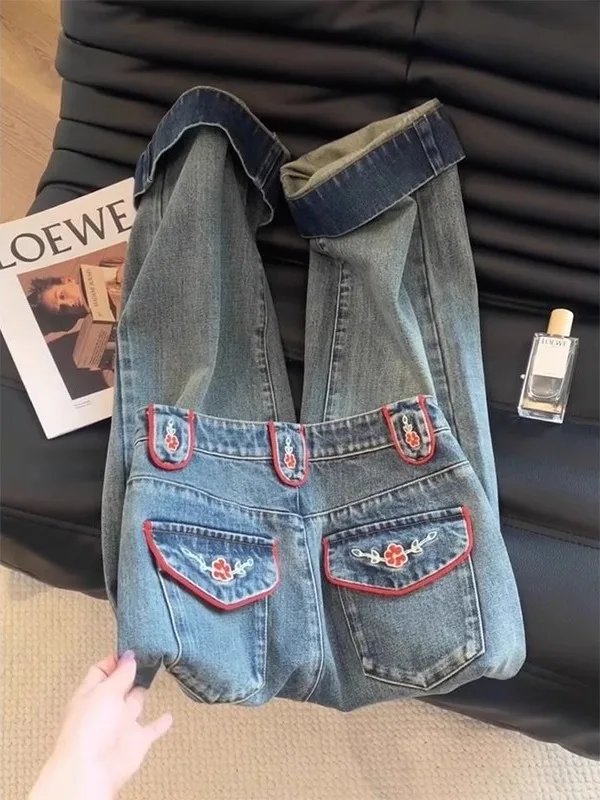 

Extra Large Size 300 Pou Heavy Embroidery High-End Straight Leg Jeans Men's And Women's Ele Slimming Versatile Straigh...