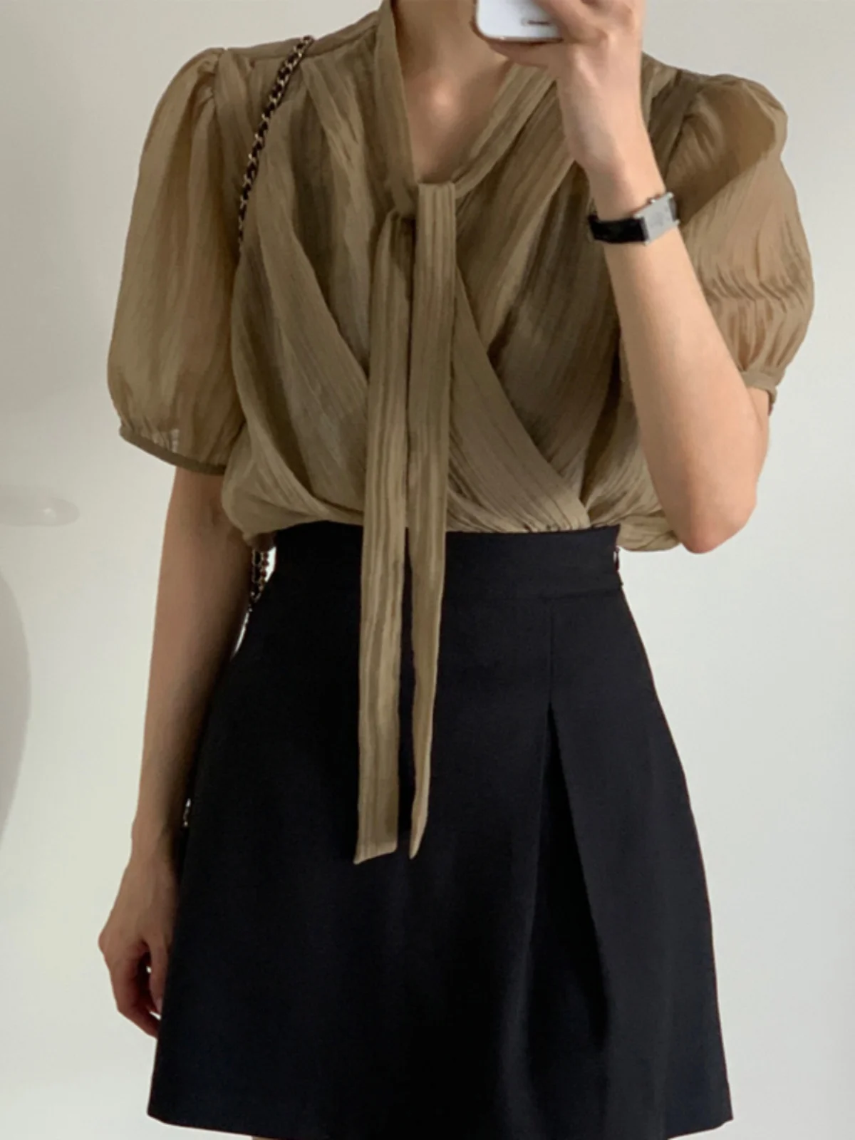 

Faionable Chiffon Top Beautiful Bubble Sve Netie Design Sensation Youthful Personali Korean Sle ort Sve V-ne