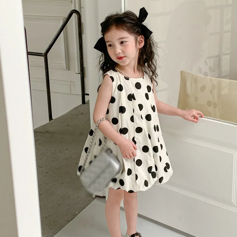 Summer Girls Dress Sweet Polka Dot Princess Dress Kids Girls Puffy Sleeveless Dress Round Collar Baby Children Casual Clothing