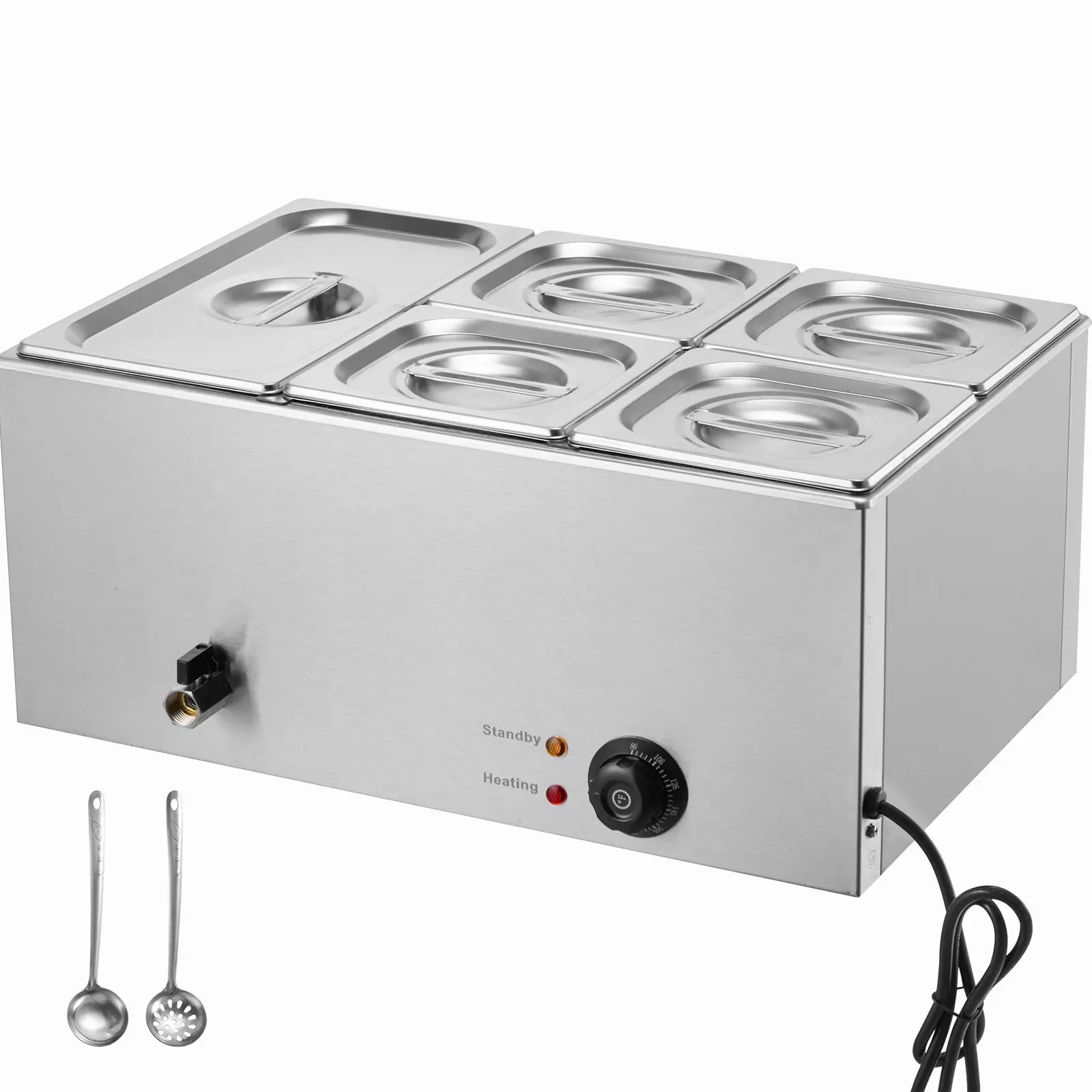 24QT Commercial Food Warmer, 5-Pan Electric Steam Table, 1200W Professional Countertop Stainless Steel Buffet Bain Marie with 86