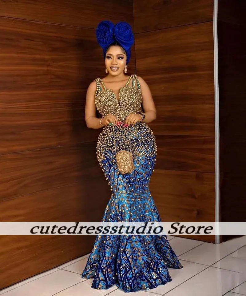 Luxury Beads Mermaid Evening Dresses For African Women Aso Ebi Style Wedding Party Dress Long Sleeveless Dinner Gowns Customized