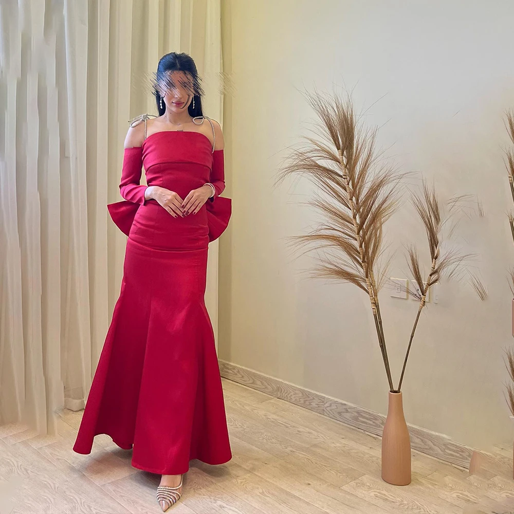 Abiti da sera eleganti Abiti da ballo rossi a sirena con scollo all'americana senza spalline Fiocco drappeggiato per abito formale فساتmaveraPersonalizzato