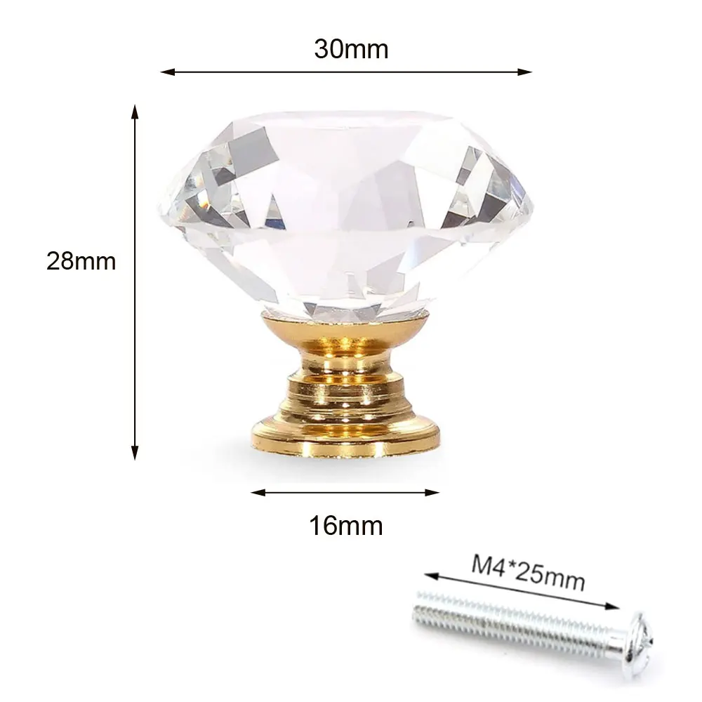 Gold Glass Cabinet Knobs Crystal Drawer Pulls Clear 30 mm Diamond for Kitchen, Bathroom Cabinet, Dresser and Cupboard 10 pcs