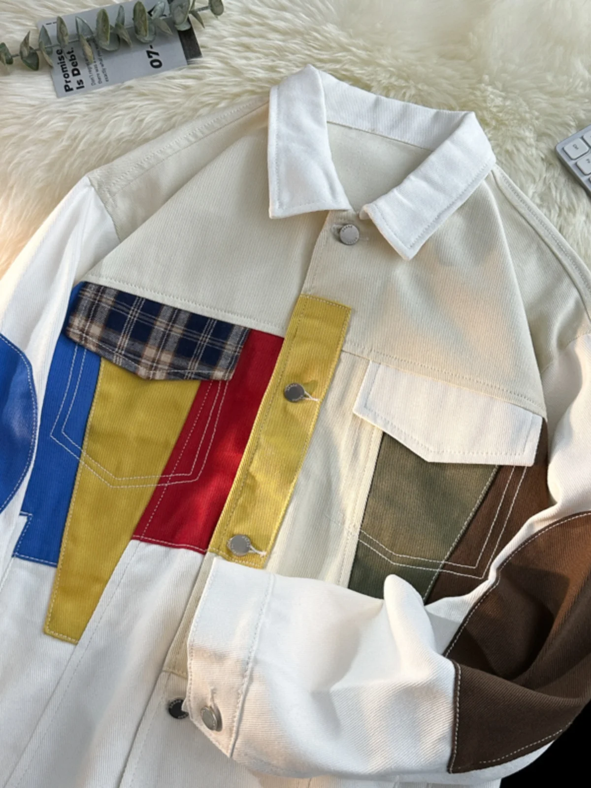 

Мужская джинсовая куртка свободного кроя в американском стиле, цветной блок, весна-осень, модная рабочая одежда, молодежный дизайн, повседневный топ