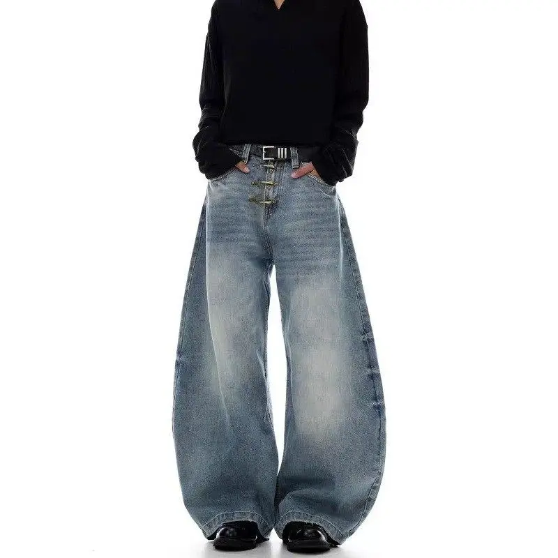 Retro American Washed  Baggy Knife  Jeans Men Women Casual Loose Design Sense Aircraft Buckle Pants Straight Leg