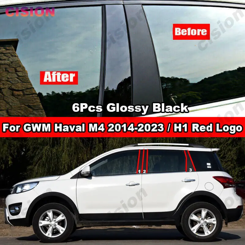 For GWM Haval M4 2014-2023 H1 Window Door Column B C Pillar Post Cover Trim Glossy Black Carbon Fiber Mirror Effect PC Sticker