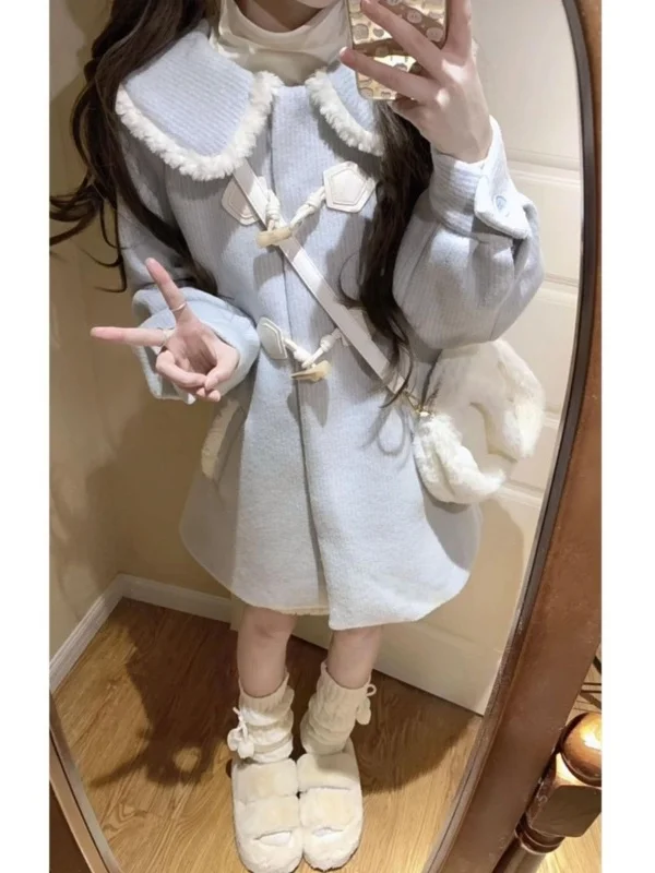 Thiened шерстяное пальто и комплект для женщин, зимний теплый сладкий размер, корейский модный комплект на пуговицах, свободная посадка