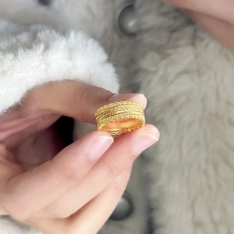 [غنية] خاتم حافة من الدانتيل بنمط ذهبي على الطراز الصيني الجديد للنساء على الطراز الوطني خاتم مفتوح فاخر وخفيف الوزن