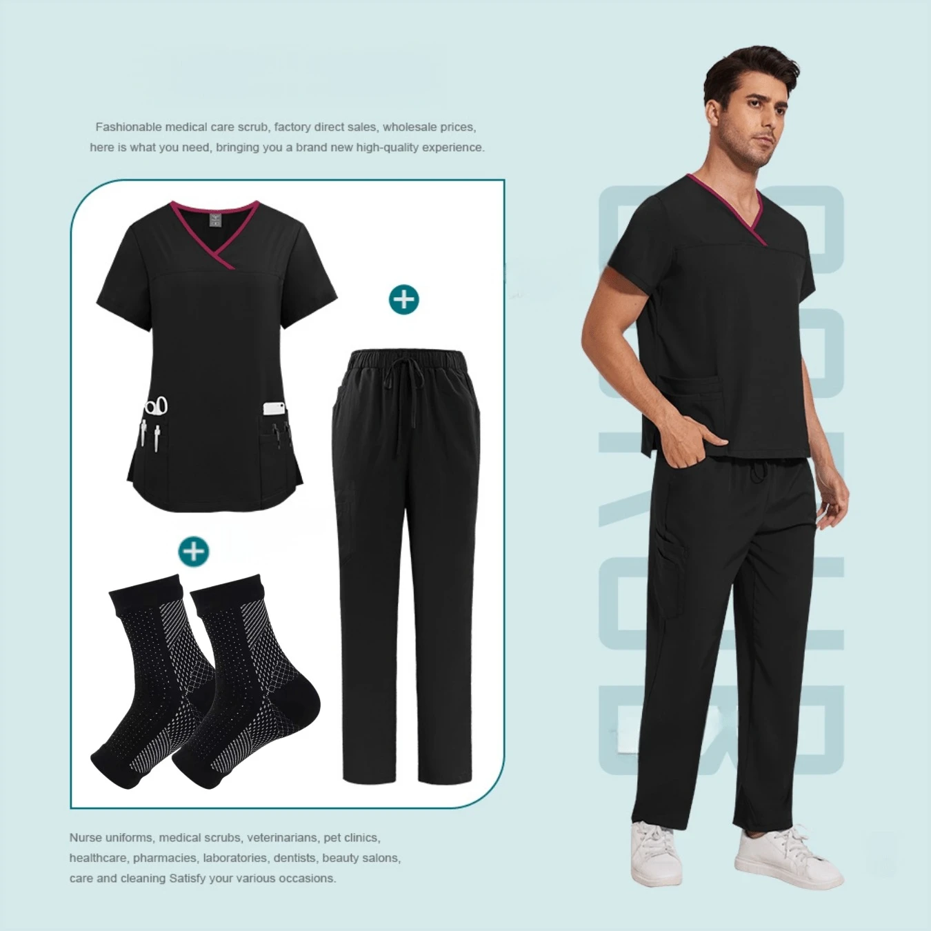 Mens Contrast Collar Scrub Set Short Sleeve Straight Pants Nurse Uniform With CompressionSocks For Clinic Beauty Salon Jogging