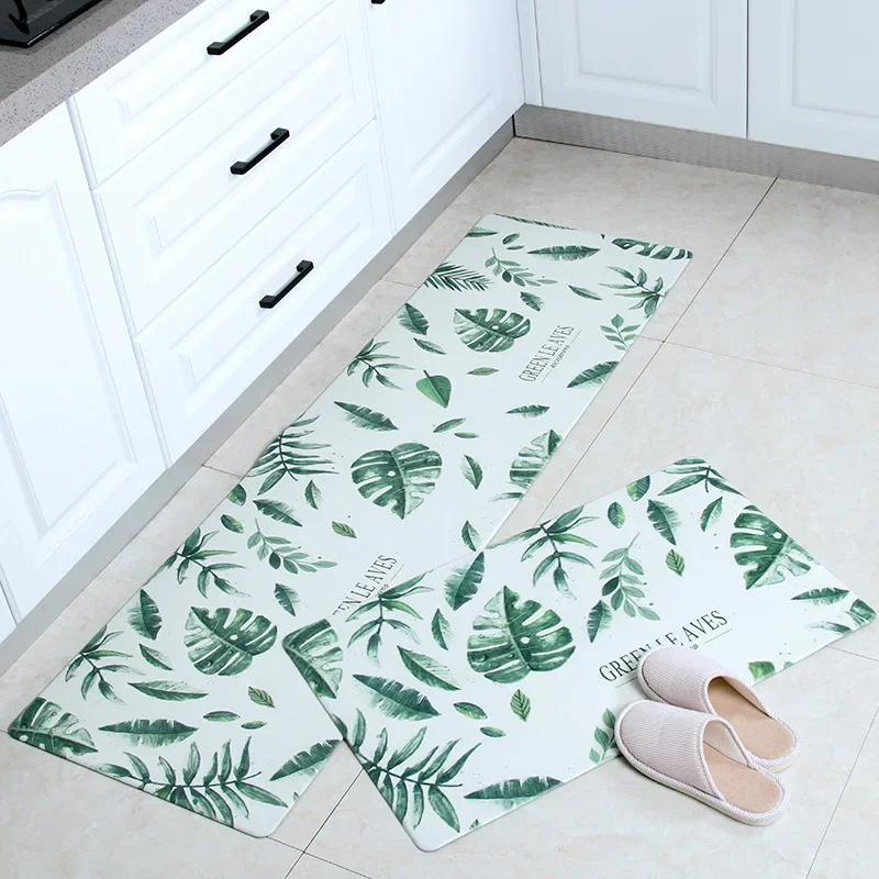 

PVC Geometric Non Slip Tropical Green Leaves Kitchen Floor Mat Door Mat Waterproof Oil Proof Leather PU Rugs and Carpets Home