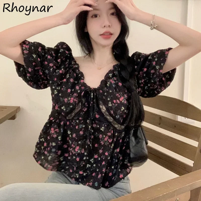 

Блузки с v-образным вырезом, женские тонкие литературные летние сексуальные офисные женские укороченные топы с милым принтом, эстетические укороченные топы с пышными рукавами, нежные для отдыха на шнуровке