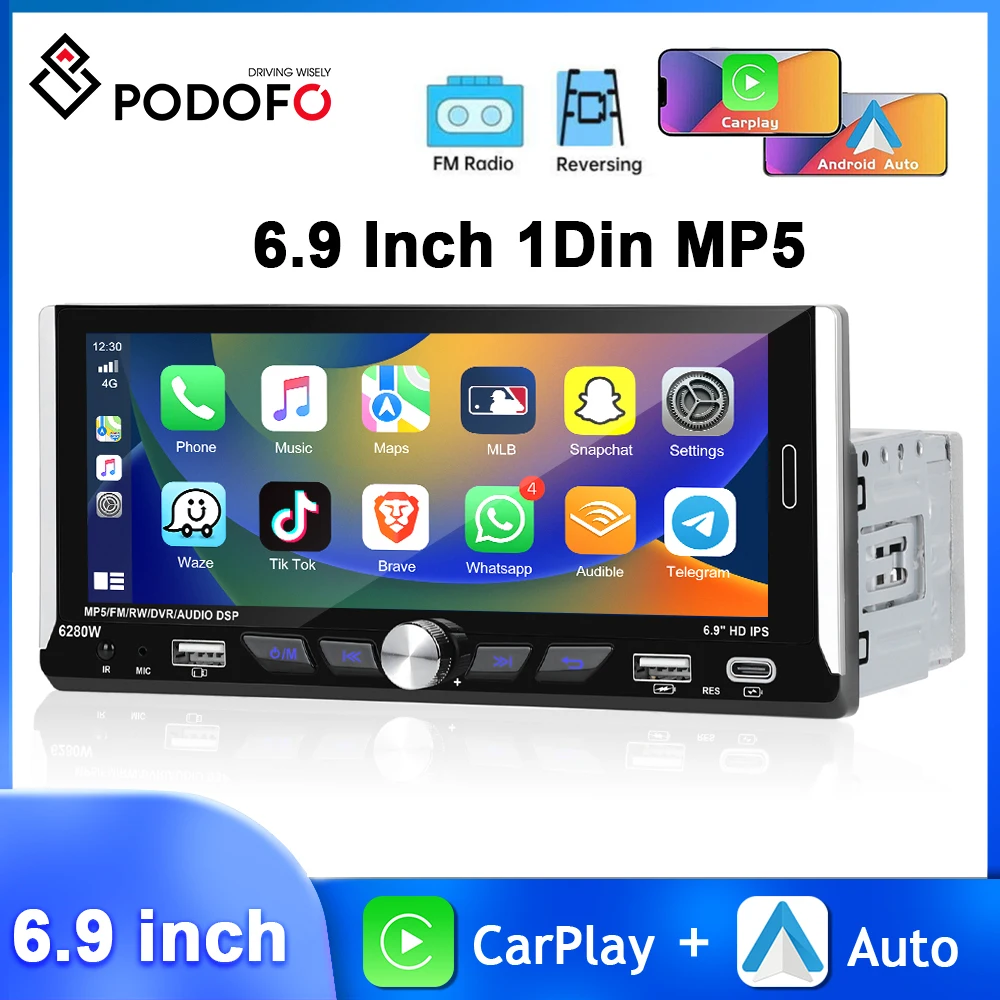 

Podofo 1Din MP5 Car Radio Carplay Android Auto Multimedia Player 6.9'' IPS Touch Screen Mirror Link Bluetooth TYPE-C Autoradio