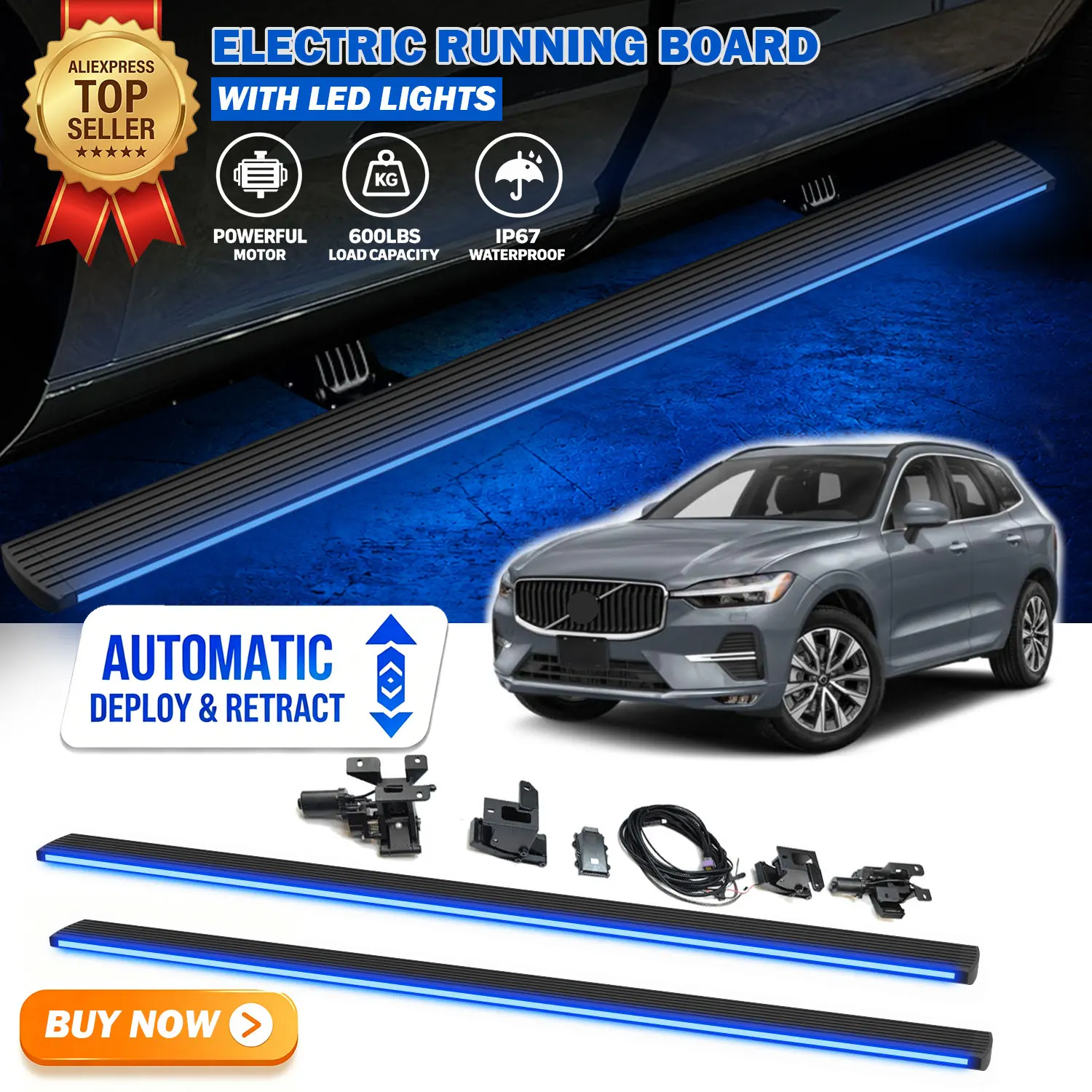 Fits For Volvo XC60 2013-2025 Deployable Power Electric Running Boards with LED Light Strips Side Step Nerf Bars