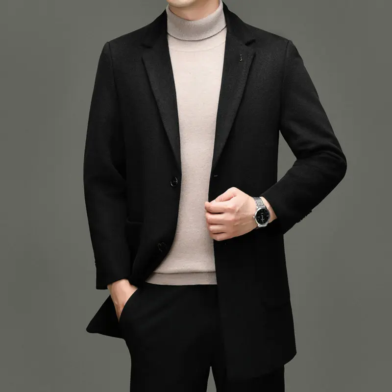 

Effortless Men Elegant Wool Overcoats Black Coffee Navy Basic Coat Gentlemen Winter Style Single Breasted Topcoat Soft Warm Wear