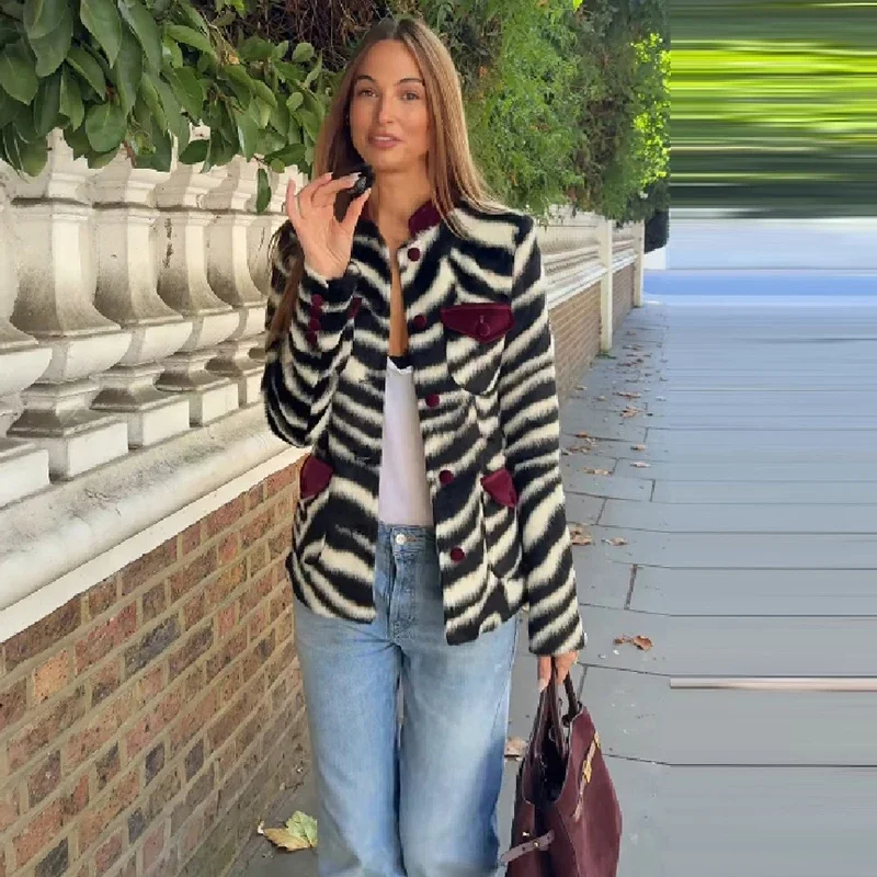 Women Zebra Print Jacket Contrast Velvet Pocket Stand Collar Single Breasted Fitted Short Coat Y2K Street Ladies Outerwear