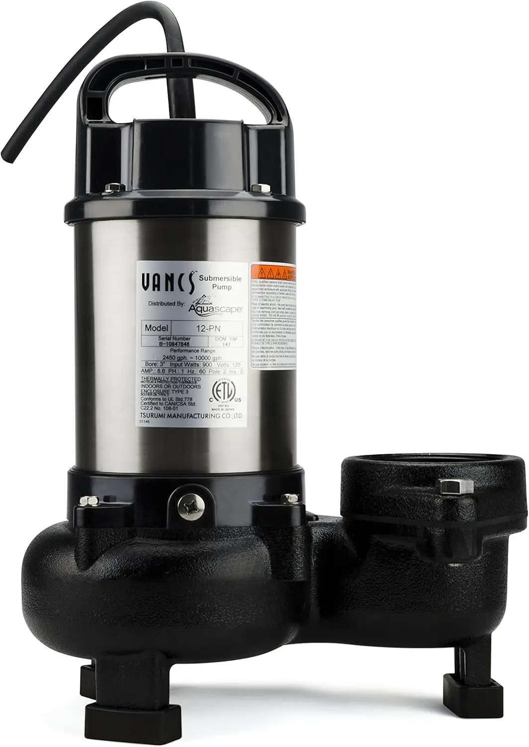 Aquascape Tsurumi 12PN 1hp, 115V, Submersible Pond & Waterfall Pump, high Flow, 11,500 GPH, 3