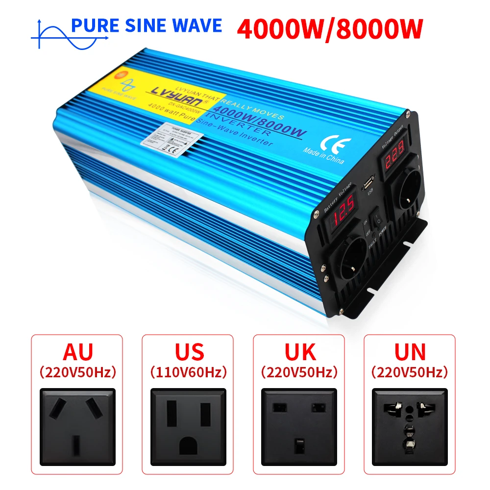 Pure Sine Wave Power Inverter Continuous power 4000W dc 12v/24v LED display suitable for ac 110V 220V 240V solar converter car