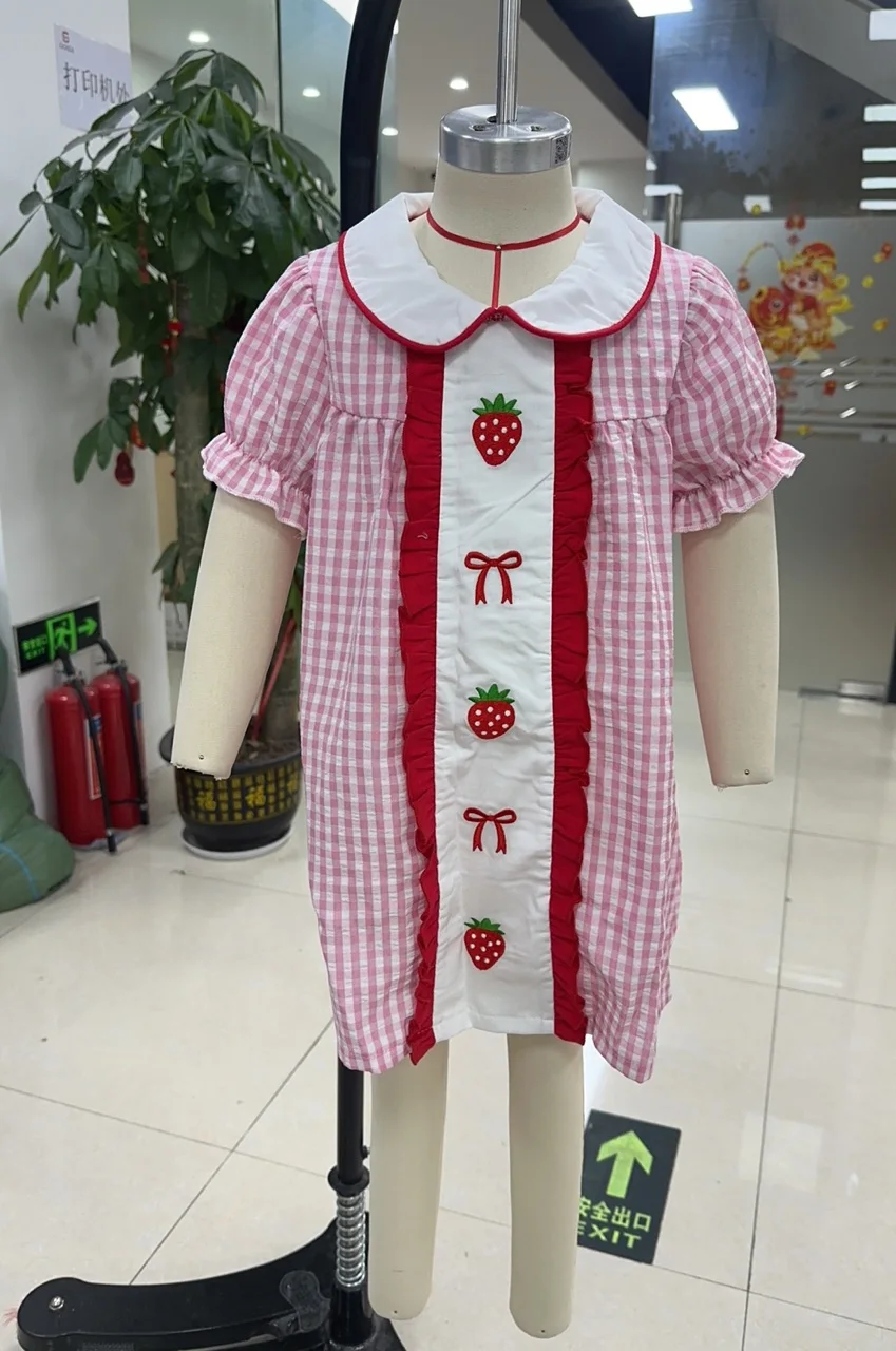 

Toddler Clothes Baby Clothing Girl Puff Short Sleeve Doll Collar Lemon/Strawberry/Cherry Embroidery Plaid Print A Line Dress