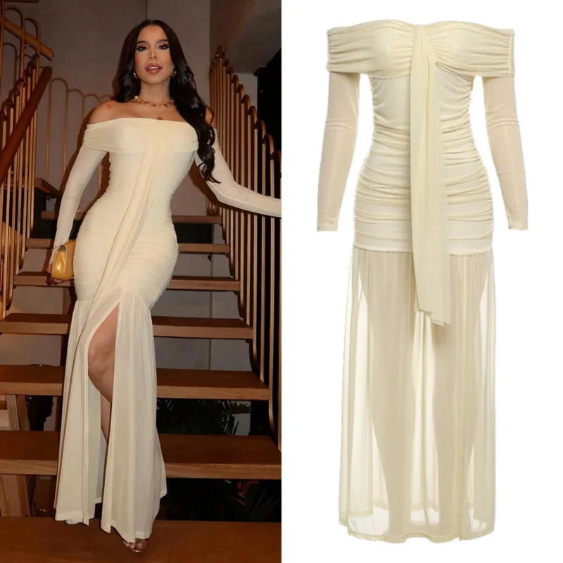 

Women's Slim Long Dress Slash Neck Full Sleeve Ruched Design With Mesh Splicing And Ribbon Accent Perfect Elegant Night Events