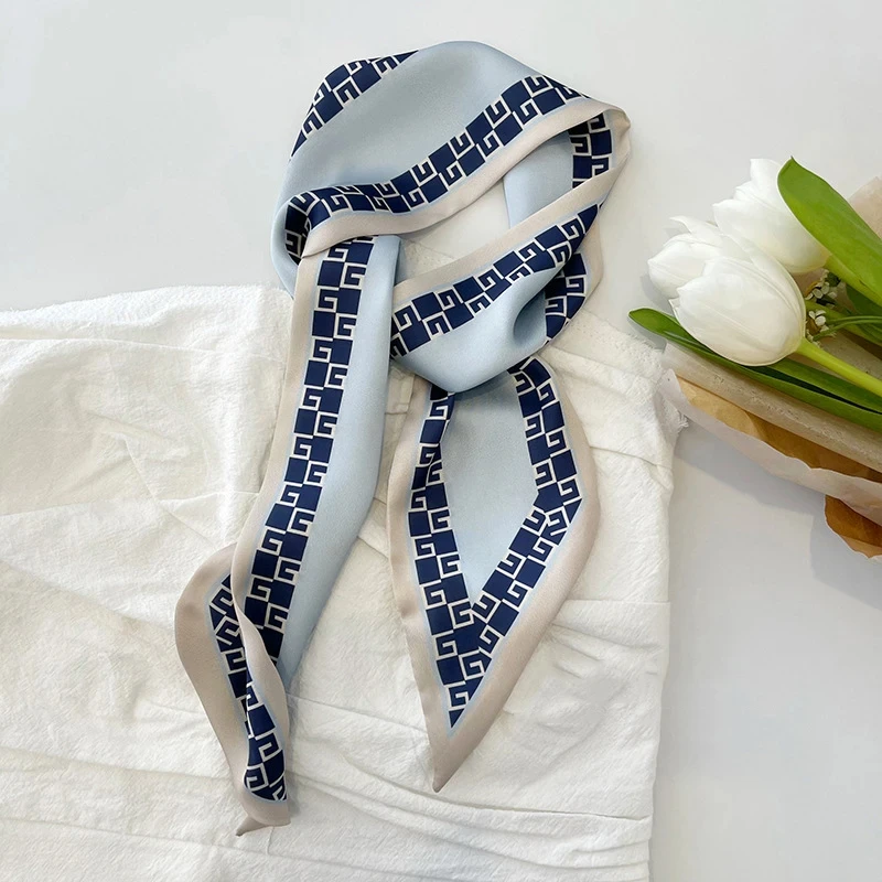 Luxury Light Blue Color Series Silk Scarf Hair Band Ribbon Tied-Up Hair Long Bow Vintage Satin Ribbon Hair Accessories