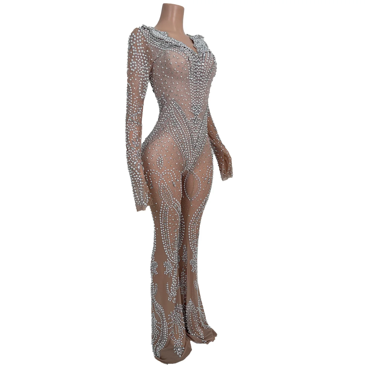 Monos de pierna ancha transparentes con perlas y diamantes de imitación para mujer, peleles ajustados de malla, monos para fiesta y graduación, traje de Festival